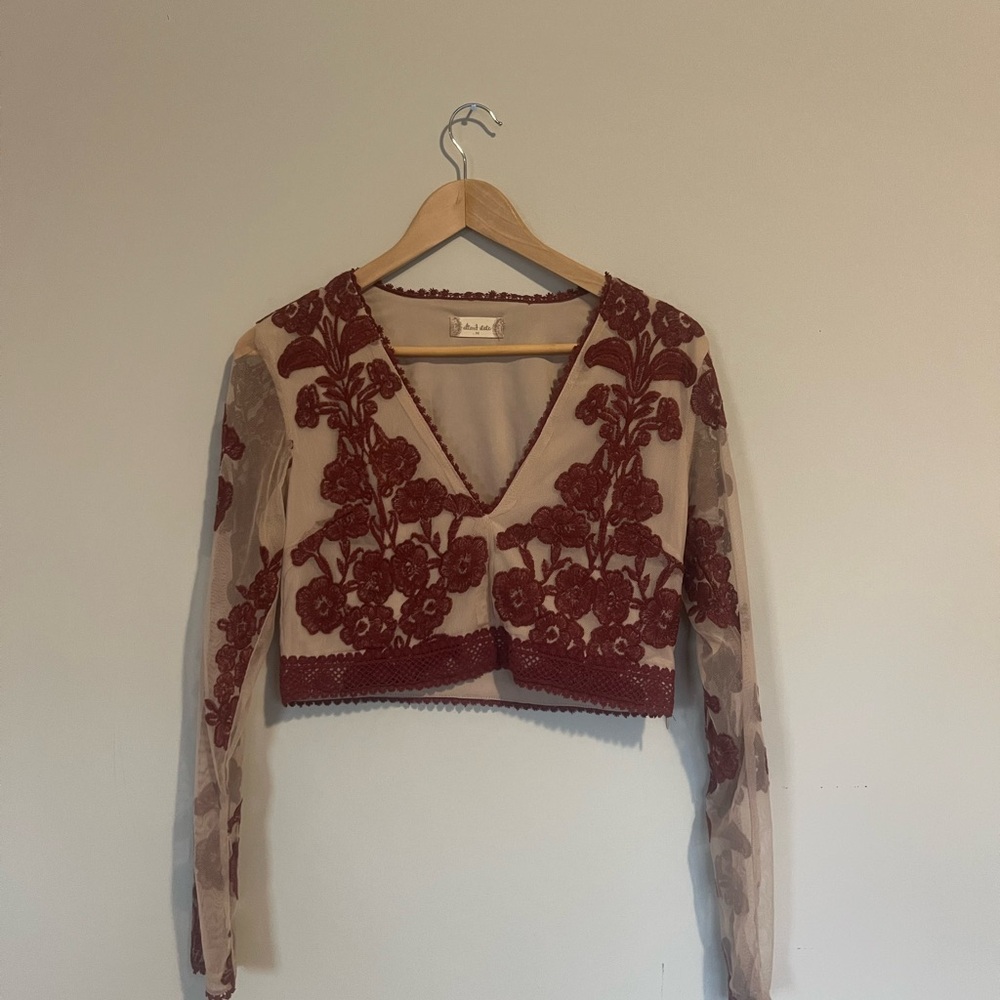 Altar’d State Embroidered Burgundy Floral Sheer Top | Long sleeve | Lace | Crop
